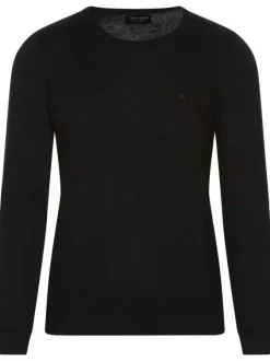 Pull noir uni en maille avec col rond et petit logo bicolore brodé