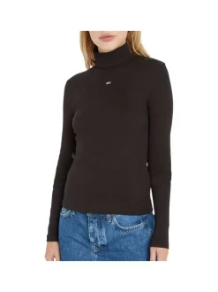 Pull noir uni en maille jersey avec un col roulé et à manches longues