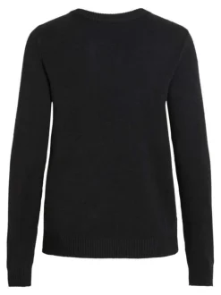 Pull noir uni en mailles avec une coupe droite, un col rond et à manches longues