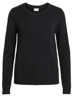 Pull noir uni en mailles avec une coupe droite, un col rond et à manches longues