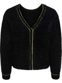 Pull noir uni en matière douce avec lurex doré au niveau du col v