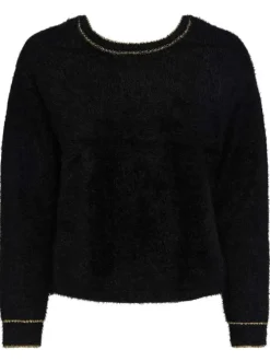 Pull noir uni en matière douce avec lurex doré au niveau du col v