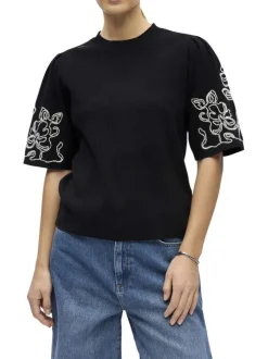 Pull noir uni pourvu d'une coupe droite et de manches courtes