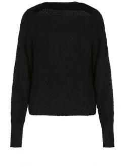 Pull Peria Rib noir uni coupe droite col rond et à manches longues