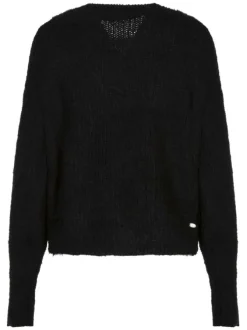 Pull Peria Rib noir uni coupe droite col rond et à manches longues