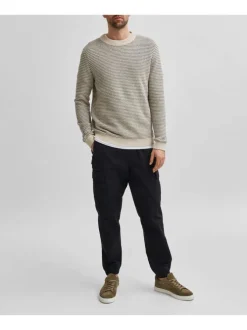 Pull rayé écru en coton biologique coupe droite col rond