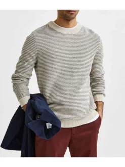 Pull rayé écru en coton biologique coupe droite col rond