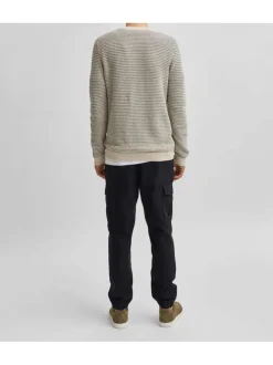 Pull rayé écru en coton biologique coupe droite col rond