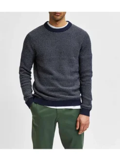 Pull rayé gris et marine en coton biologique coupe droite col rond