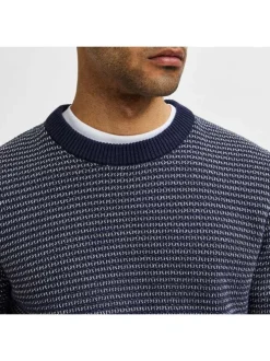 Pull rayé gris et marine en coton biologique coupe droite col rond