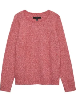 Pull rose moucheté avec un col rond côtelé et des manches longues