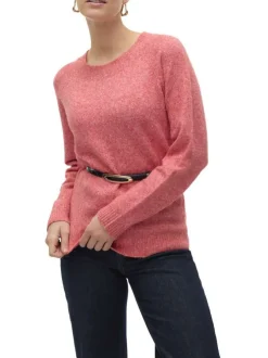 Pull rose moucheté avec un col rond côtelé et des manches longues