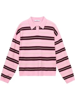 Pull rose rayé en maille fine avec une coupe ample et un col polo boutonné