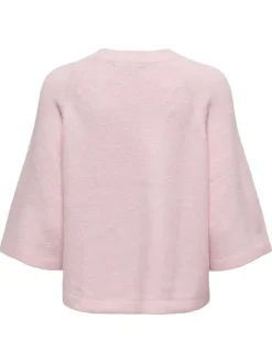 Pull rose uni à coupe droite avec un col rond et des manches 3/4