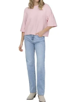 Pull rose uni à coupe droite avec un col rond et des manches 3/4