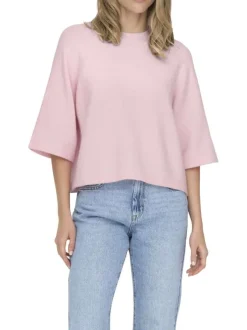 Pull rose uni à coupe droite avec un col rond et des manches 3/4