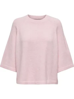 Pull rose uni à coupe droite avec un col rond et des manches 3/4