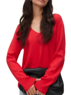 Pull rouge à coupe ajustée pourvu d'un col v et de manches longues