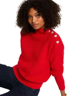 Pull rouge en maille tricotée pourvu d'un col montant et de manches longues