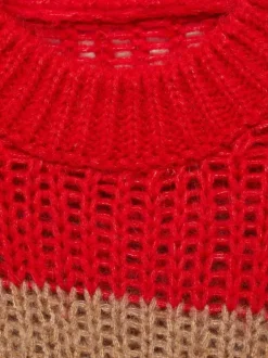 Pull rouge et beige rayé à coupe droite avec col rond et manches longues