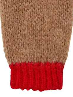 Pull rouge et beige rayé à coupe droite avec col rond et manches longues