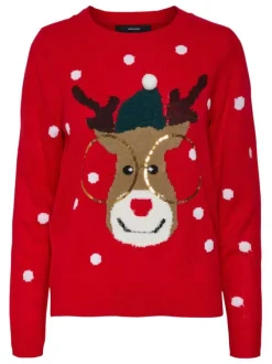 Pull rouge à motif cerf de Noël droit à col rond et manches longues avec pompon