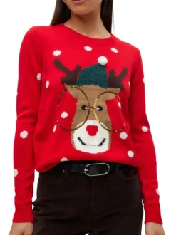 Pull rouge à motif cerf de Noël droit à col rond et manches longues avec pompon