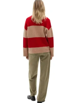 Pull rouge rayé à coupe droite, col polo à boutons et à manches longues