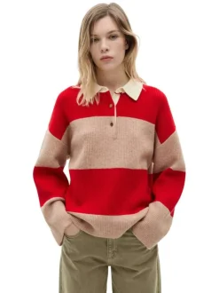Pull rouge rayé à coupe droite, col polo à boutons et à manches longues