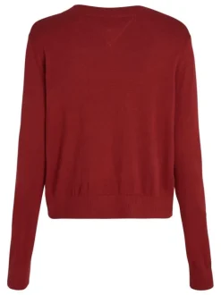 Pull rouge uni droit à col rond et à manches longues avec broderie