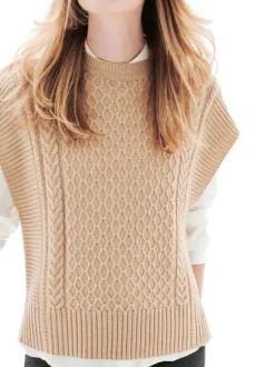 Pull sans manche en laine mélangée sable uni avec un col rond