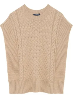Pull sans manche en laine mélangée sable uni avec un col rond