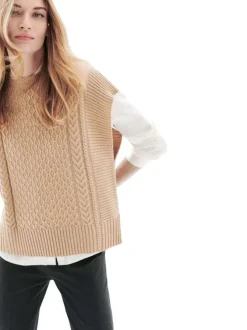 Pull sans manche en laine mélangée sable uni avec un col rond