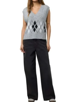 Pull sans manches en maille gris clair à motifs géométriques avec un col v