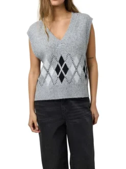 Pull sans manches en maille gris clair à motifs géométriques avec un col v