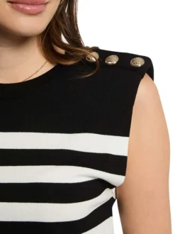 Pull sans manches noir rayé en maille à coupe droite et à col rond