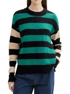 Pull vert à rayures noires et beiges avec une coupe droite et à manches longues