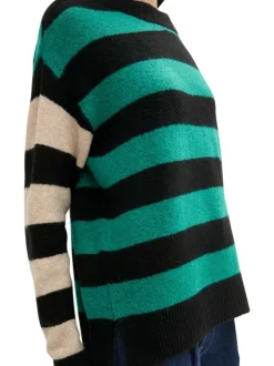 Pull vert à rayures noires et beiges avec une coupe droite et à manches longues