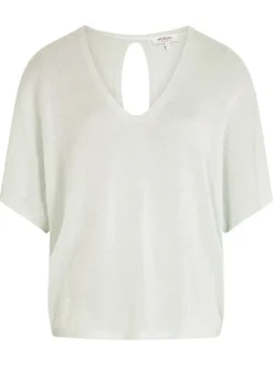 Pull vert uni avec une coupe ample, col v et à manches courtes et ajouré au dos