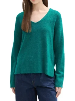 Pull vert uni à coupe droite, col v large et à manches longues