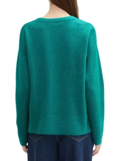 Pull vert uni à coupe droite, col v large et à manches longues