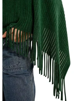 Pull vert uni type poncho ample à col rond en velours côtelé avec franges