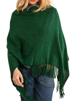 Pull vert uni type poncho ample à col rond en velours côtelé avec franges