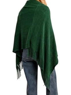 Pull vert uni type poncho ample à col rond en velours côtelé avec franges