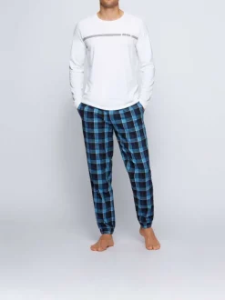 Pyjama bleu en coton uni coupe régular avec un col rond