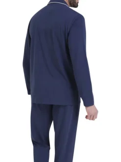 Pyjama chemise en coton marine pourvu d'un col tailleur et de manches longues