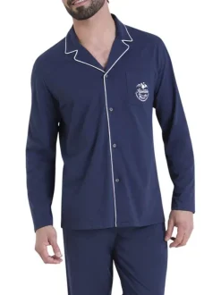 Pyjama chemise en coton marine pourvu d'un col tailleur et de manches longues