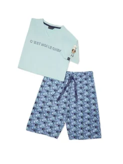 Pyjama court bleu ciel en coton coupe droite