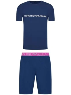 Pyjama court bleu en coton uni avec logo floqué coupe droite col rond