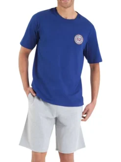 Pyjama court bleu et blanc uni en coton mélangé à coupe droite et col rond